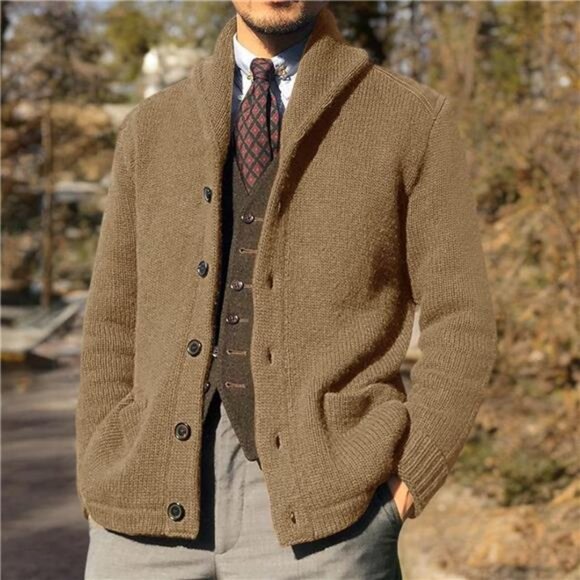 Men’s Shawl Collar Cable Knit Cardigan Button-Down Loose Fit Sweater - Picture 5 of 5